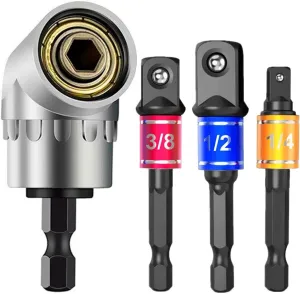 Impact Grade Power Hand Tools Driver Sockets Adapter Extension Set, 3Pcs 1/4 3/8 1/2" Hex Shank Drill Nut Driver Bit Set   105 Degree Right Angle Driver Extension Screwdriver Drill Attachment