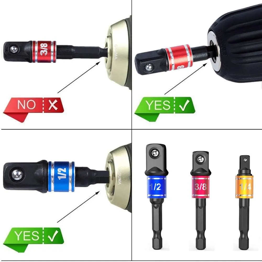 Impact Grade Power Hand Tools Driver Sockets Adapter Extension Set, 3Pcs 1/4 3/8 1/2" Hex Shank Drill Nut Driver Bit Set   105 Degree Right Angle Driver Extension Screwdriver Drill Attachment