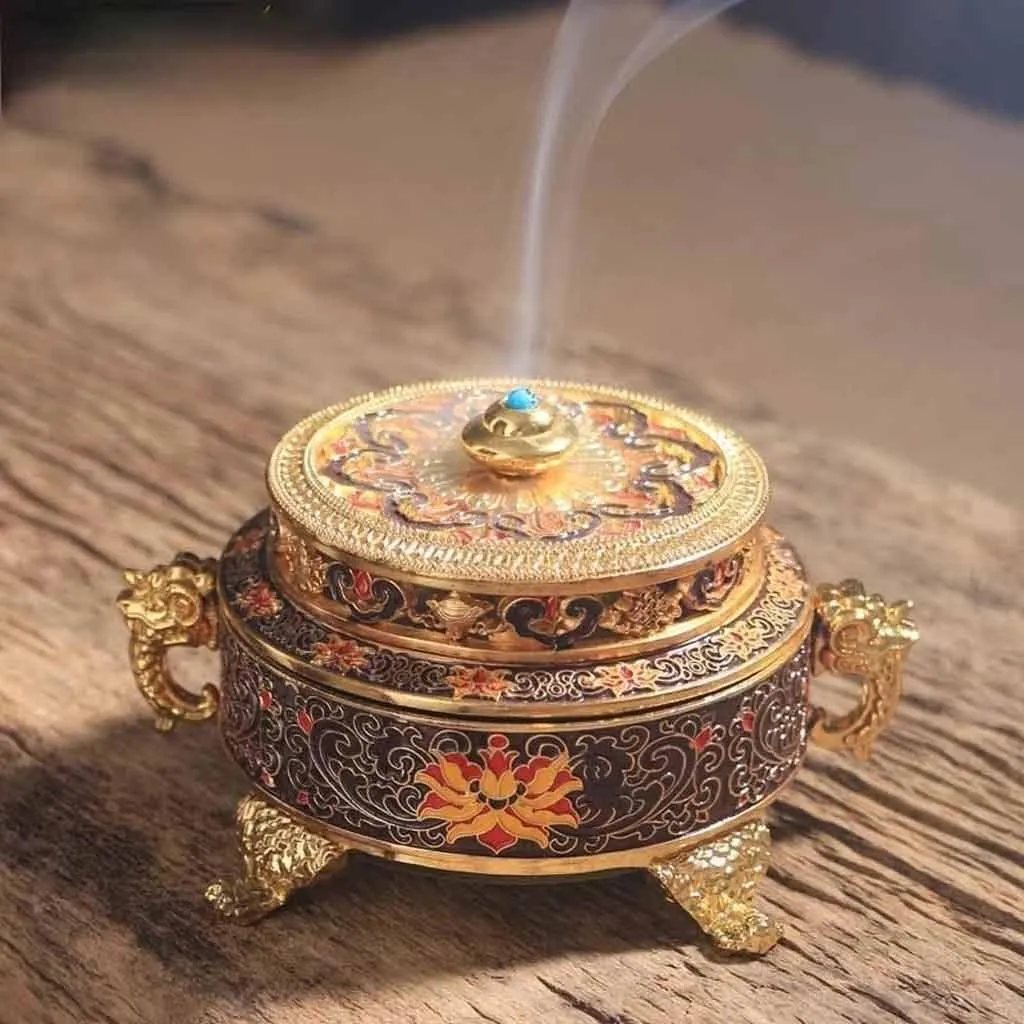 Incense Holder Incense Burner Tibetan Painted Enamel Zinc Alloy Coil Incense Holder Home Office Decoration (Gray 8CM)