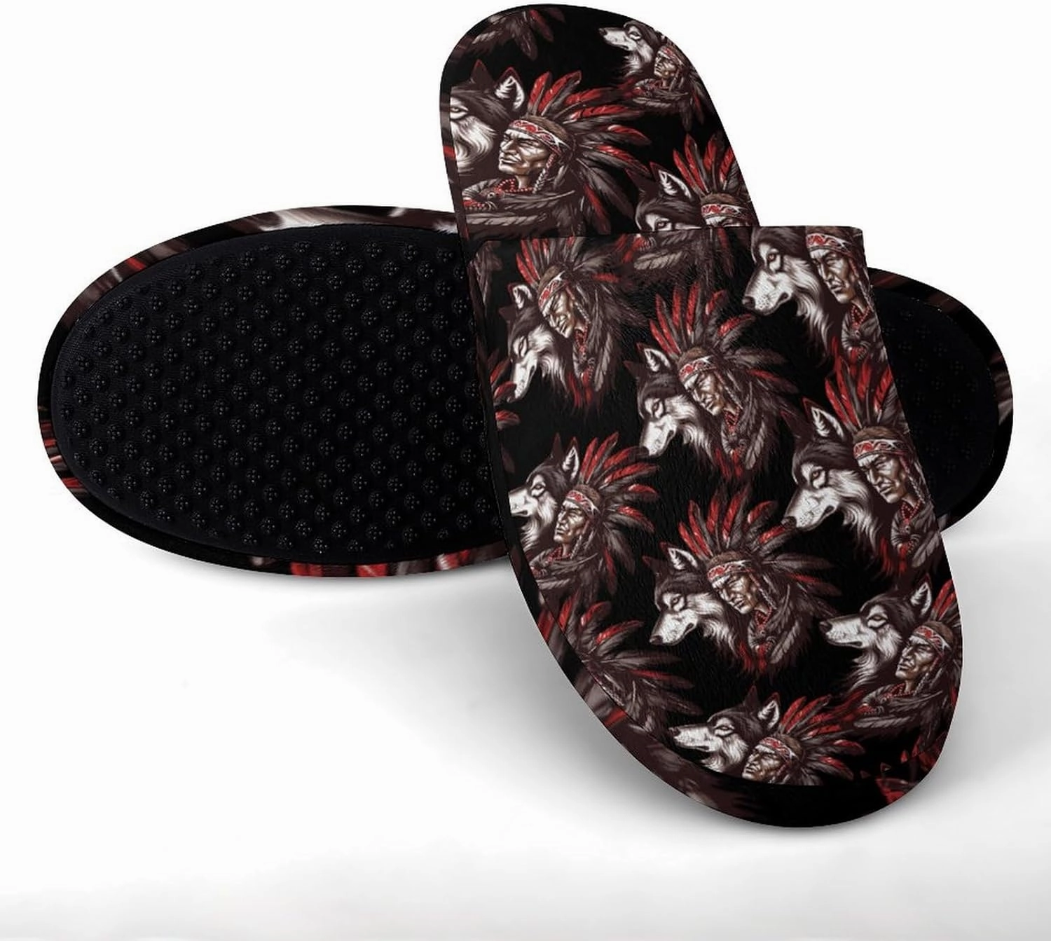 Indian Tribal Chief And Wolf Men's Flannel House Slippers Warm Slip On Home Shoes for Indoor And Outdoor