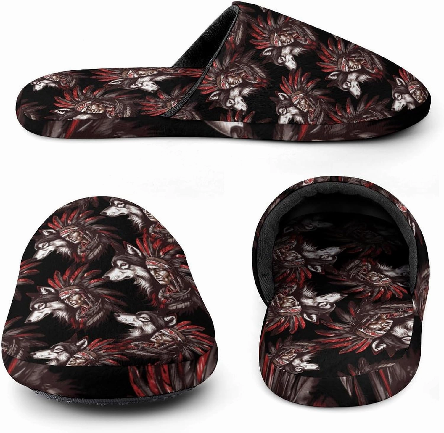 Indian Tribal Chief And Wolf Men's Flannel House Slippers Warm Slip On Home Shoes for Indoor And Outdoor