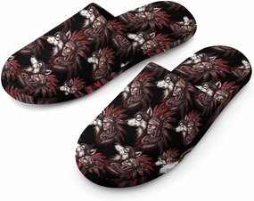 Indian Tribal Chief And Wolf Men's Flannel House Slippers Warm Slip On Home Shoes for Indoor And Outdoor