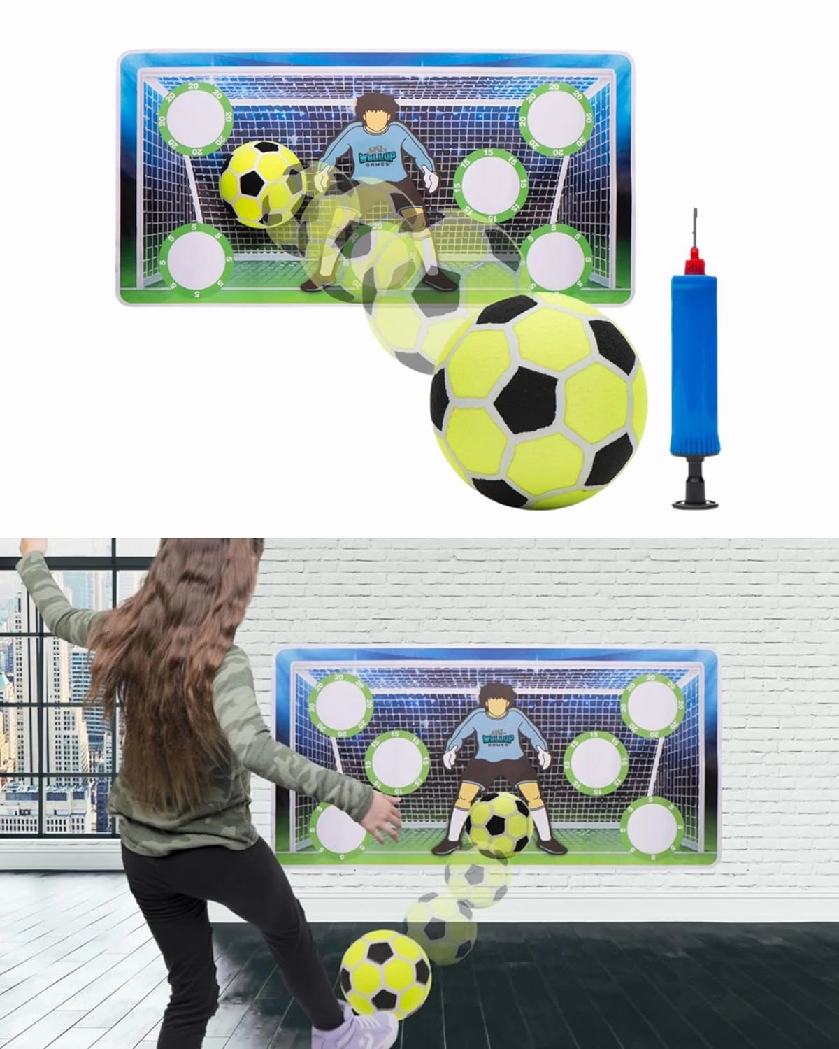 Indoor Soccer Game Set, Kick and Stick Removable 2ft x 4ft, Improve Ball Skills, Soccer Training Vinyl Wall Mat, Includes Soccer Ball, Ball Pump – Indoor Games for Kids 5-12 Year Old – Easy Setup