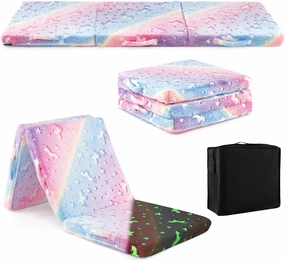 INFANS Foldable Floor Mattress for Kids, Glow in Dark Tri-Folding Nap Mat for Sleeping Daycare, Portable Foam Mattress Floor Futon Bed with Washable Cover, Storage Bag