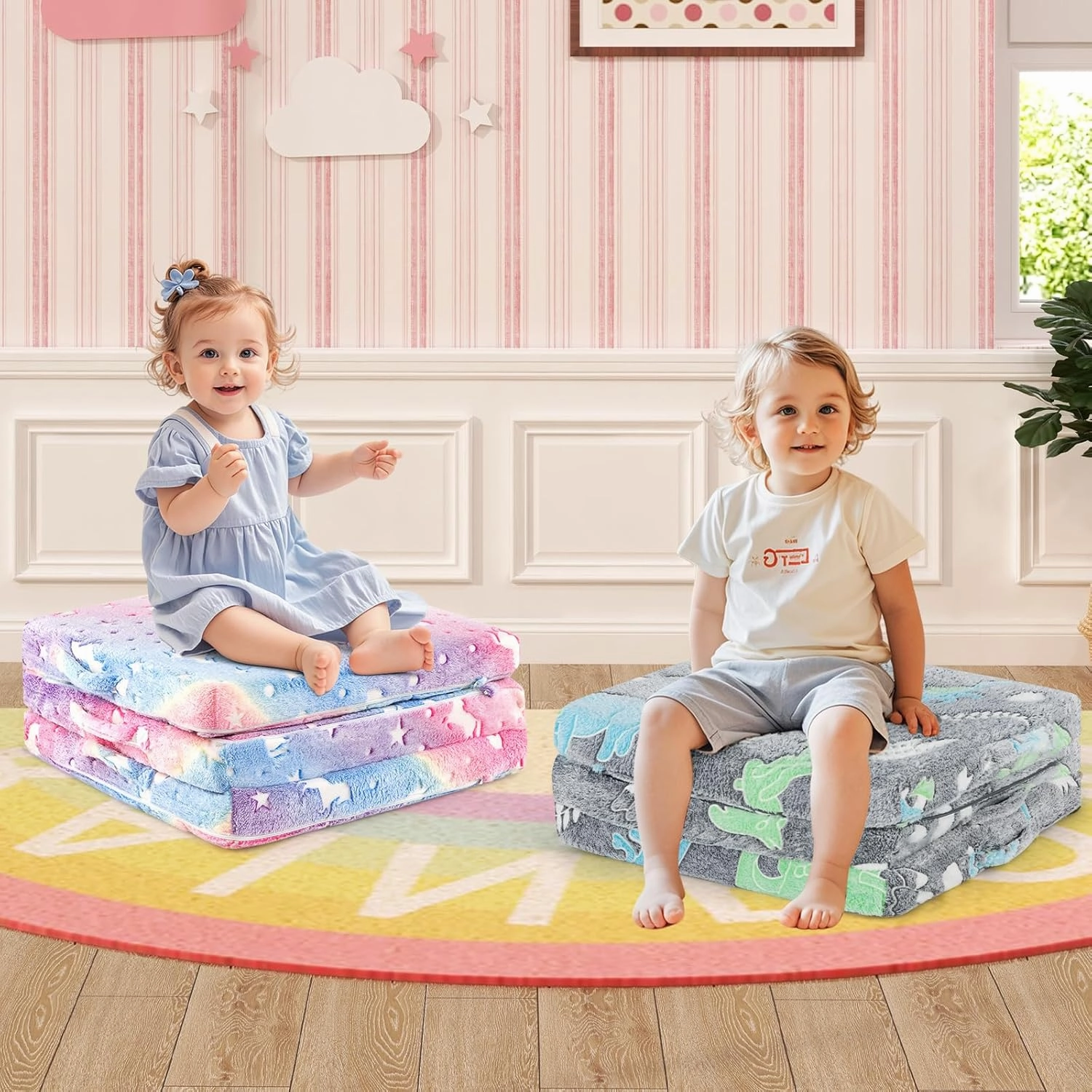 INFANS Foldable Floor Mattress for Kids, Glow in Dark Tri-Folding Nap Mat for Sleeping Daycare, Portable Foam Mattress Floor Futon Bed with Washable Cover, Storage Bag