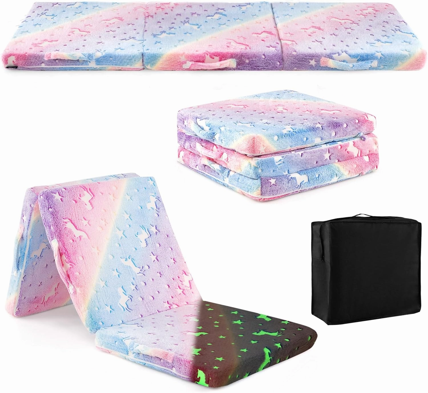 INFANS Foldable Floor Mattress for Kids, Glow in Dark Tri-Folding Nap Mat for Sleeping Daycare, Portable Foam Mattress Floor Futon Bed with Washable Cover, Storage Bag