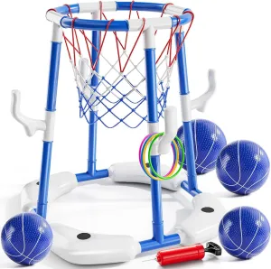 Inflatable Basketball Hoop with Floating Base for Kids & Adults, Outdoor Water Basketball Hoop for Swimming Pool, Beach, Backyard Games (Blue)