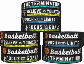 Inkstone (12-pack) Basketball Bracelets with Motivational Sports Quotes - Wholesale Pack of 12 Silicone Rubber Wristbands for Bulk Basketball Team Gifts and Party Favors - Unisex for Men Women
