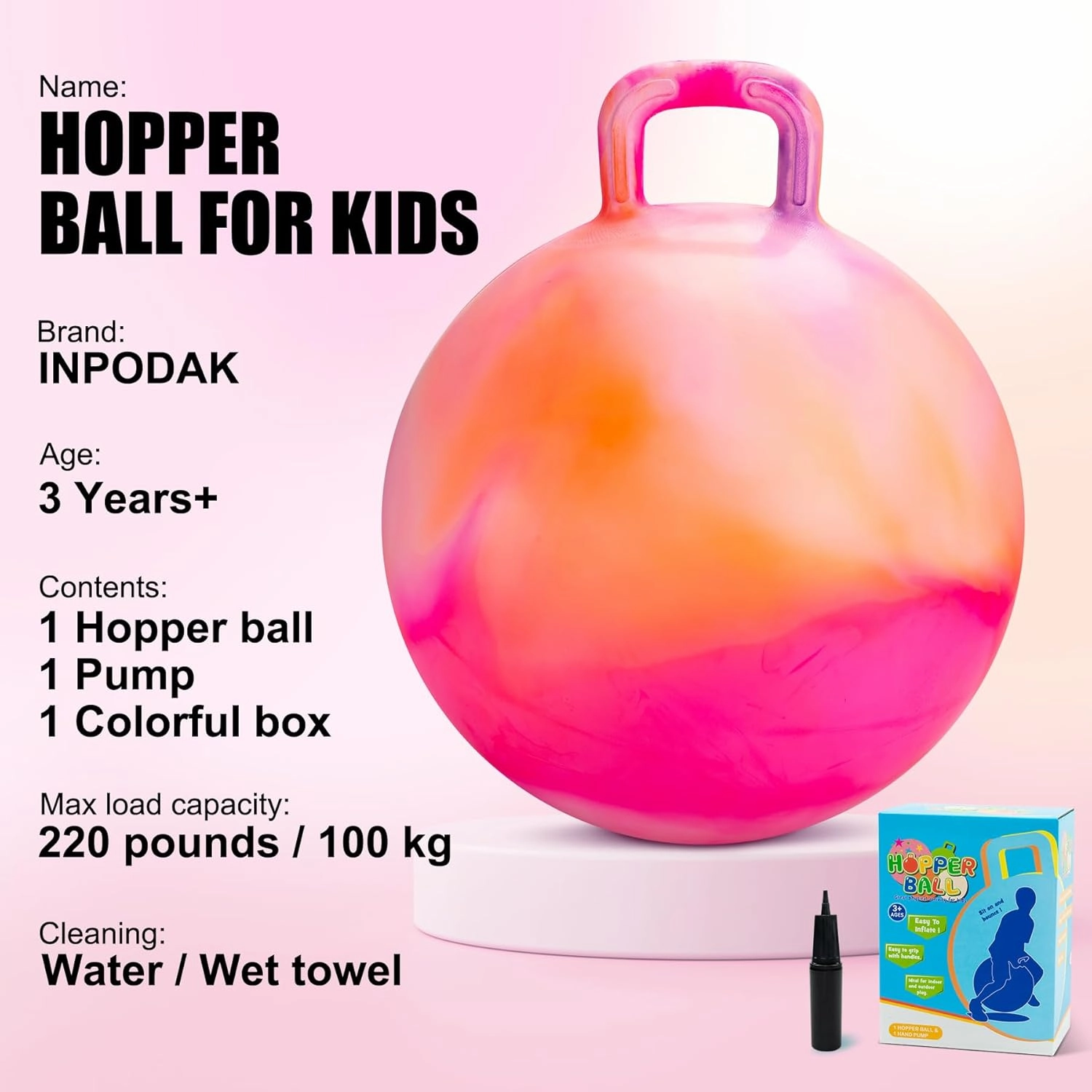 INPODAK Hopper Ball 18 Inch Bouncy Ball with Handle for Kids, Hippity Hop Jumping Bounce Hopping Toy for Boys Girls Ages 3-6 Includes Pump and Gift Box Great Gift for Birthday