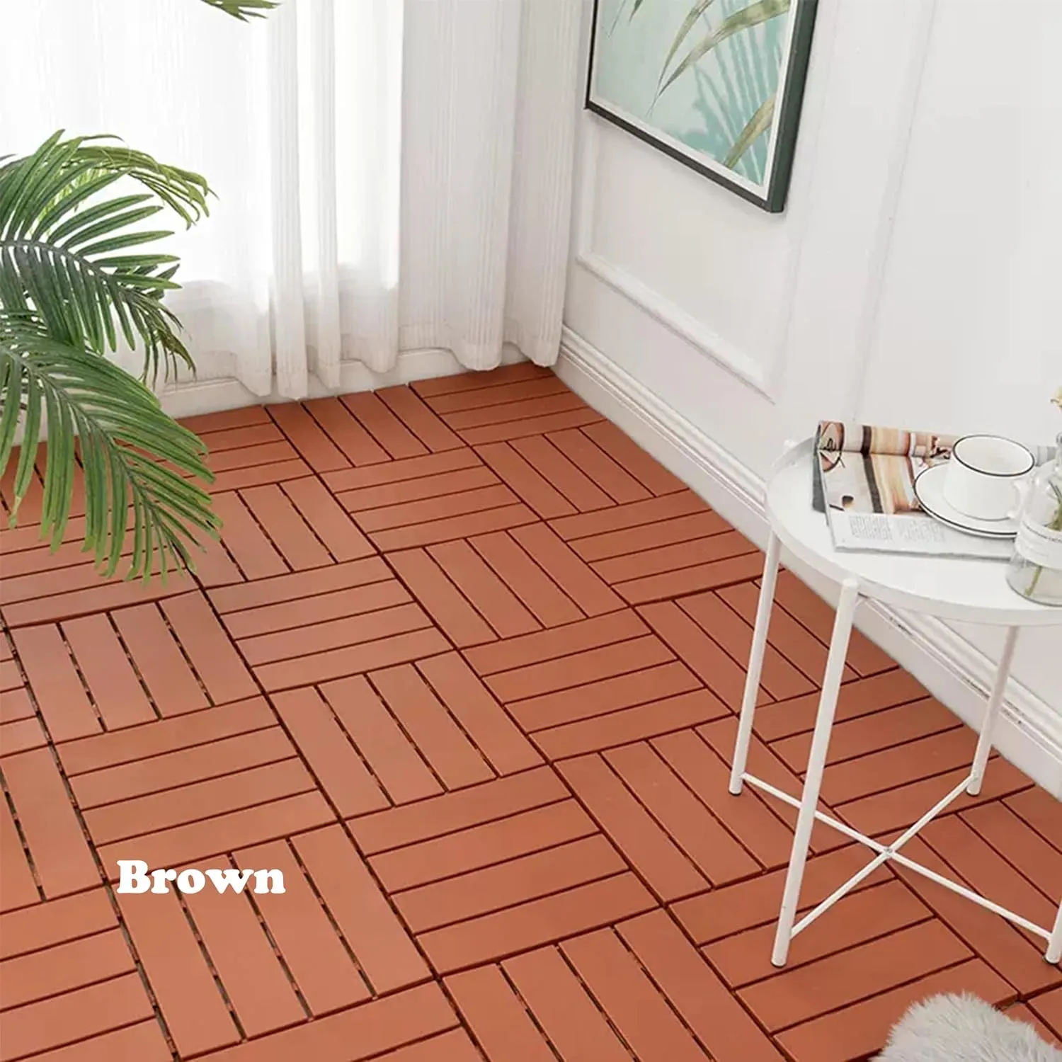 Interlocking Patio Deck Tiles, Waterproof and Non-Slip, Easy to Clean and Maintain. Ideal Use for Garden/Walkway/Balcony/Yard/Porch Decor, Home Décor, Plastic Material.(Brown 9pcs)