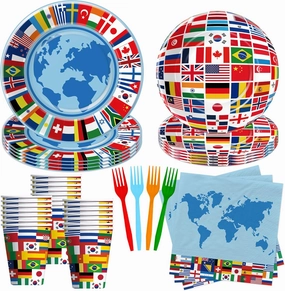 International World Flags Decorations Tableware - Olympic Decorations Party Supplies, Paper Plate, Cup, Napkin, Fork, Travel Trip Around the World Globe Retirement Supplies | Serve 24