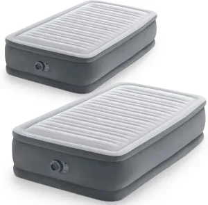 INTEX Twin Size Dura Beam Deluxe Comfort Plush Air Mattress Fiber Tech Airbed with Built-in Pump and Portable Storage Carrying Case, 2 Pack, Gray