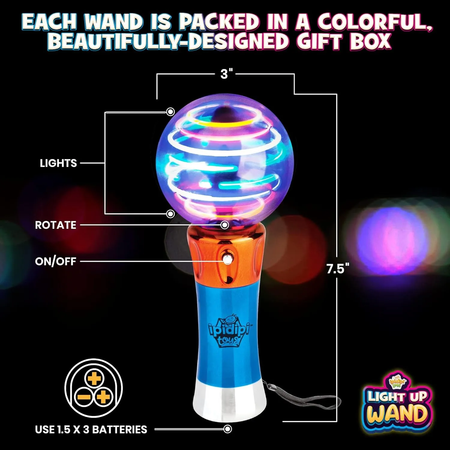 IPIDIPI TOYS Spinning Light Up Wand for Kids, Pack of 2 LED Magic Sensory Globe Wand, Classroom Party Favors, Cool Spinning Glow Toy for Toddlers, 4th of July Thrilling Fun for Boys and Girls