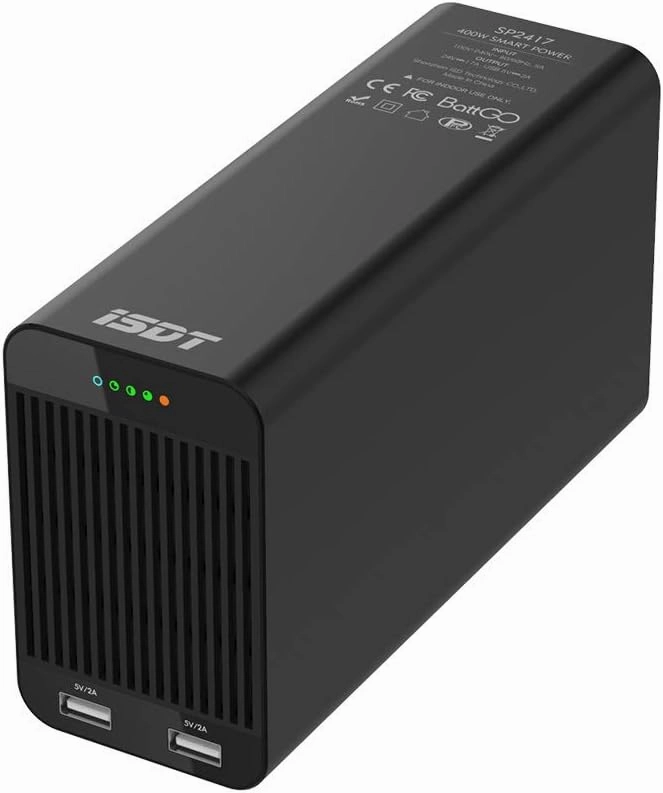 ISDT SP2417 400W 17A Smart Power Supply Adapter Power Station RC Battery Balance Charger 1 DC Port and 2 USB Charging Output Ports for Travel Camping Emergency LiPo/Life/Li-ion/NiMH/Nicd Batterry