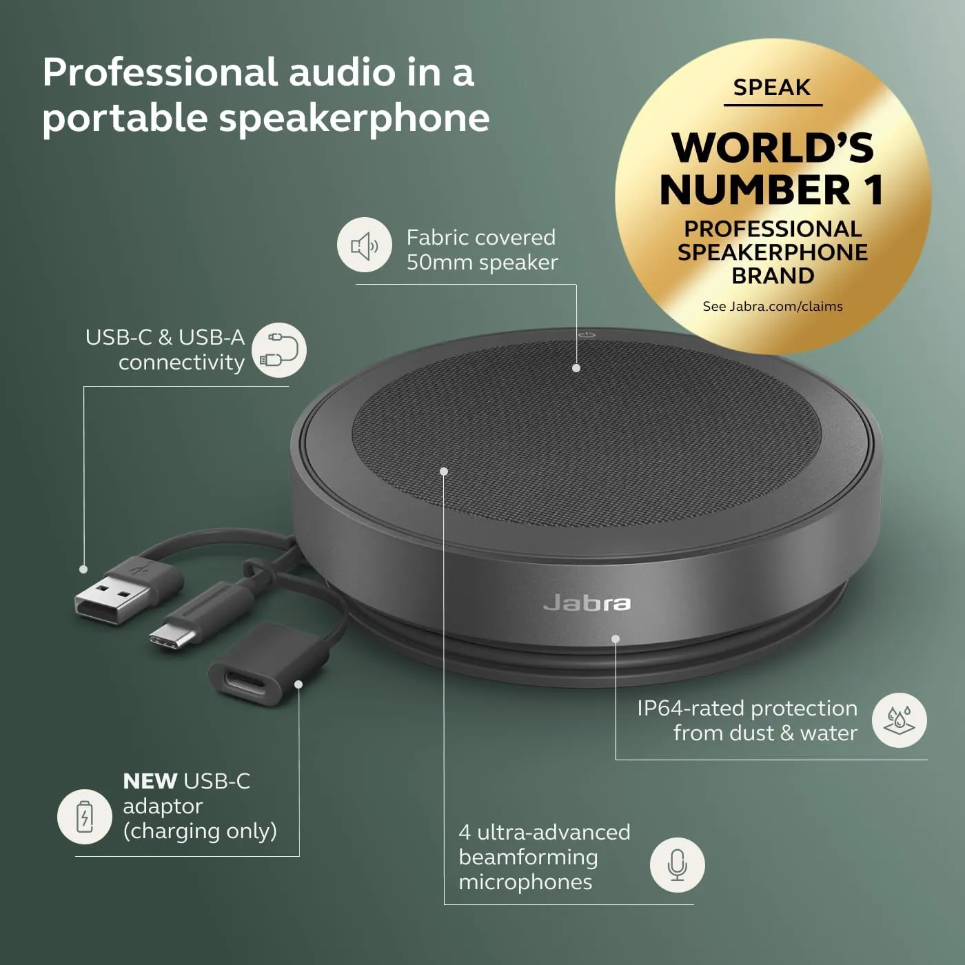 Jabra Speak2 75 (2025 Edition) Wireless Bluetooth Speakerphone - 4 Noise-Cancelling Mics, 65mm Speakers - New Linking Feature - USB-A & USB-C - Certified for Zoom and Google Meet - Dark Grey