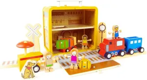Jack Rabbit Creations- Train Station Suitcase Playset- 16 Piece Portable Wooden Toy Set for Ages 3 - FSC-Certified, Non-Toxic Paints and Travel Friendly Design