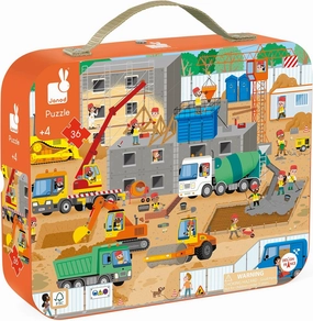 Janod 36 Piece Children’s Jigsaw Puzzle - Construction Site - Giftable Carrying Case with Fabric Handle - Building a Neighborhood - Ages 4-8 Years - J02533