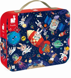 Janod 54 Pieces Children’s Jigsaw Puzzle - Rocket Rabbits - Giftable Carrying Case with Fabric Handle - Ages 5-7 Years - J02557