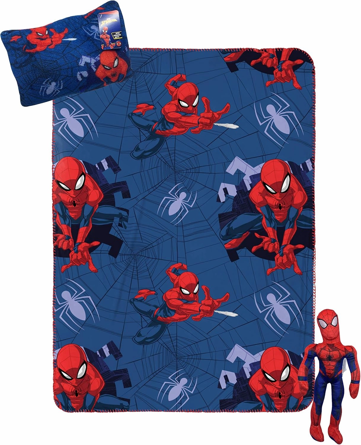 Jay Franco Marvel Spiderman Travel Set - 3 Piece Kids Travel Set Includes Blanket, Pillow, & Plush