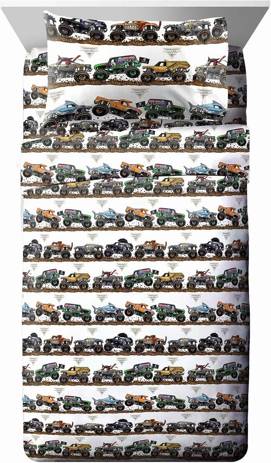 Jay Franco Monster Jam Tracks Twin Sheet Set - 3 Piece Set Super Soft and Cozy Kid’s Bedding Features Grave Digger & Megalodon - Fade Resistant Microfiber Sheets