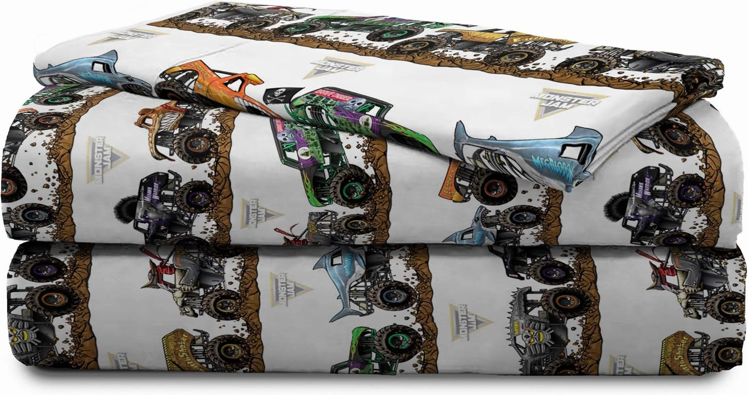 Jay Franco Monster Jam Tracks Twin Sheet Set - 3 Piece Set Super Soft and Cozy Kid’s Bedding Features Grave Digger & Megalodon - Fade Resistant Microfiber Sheets