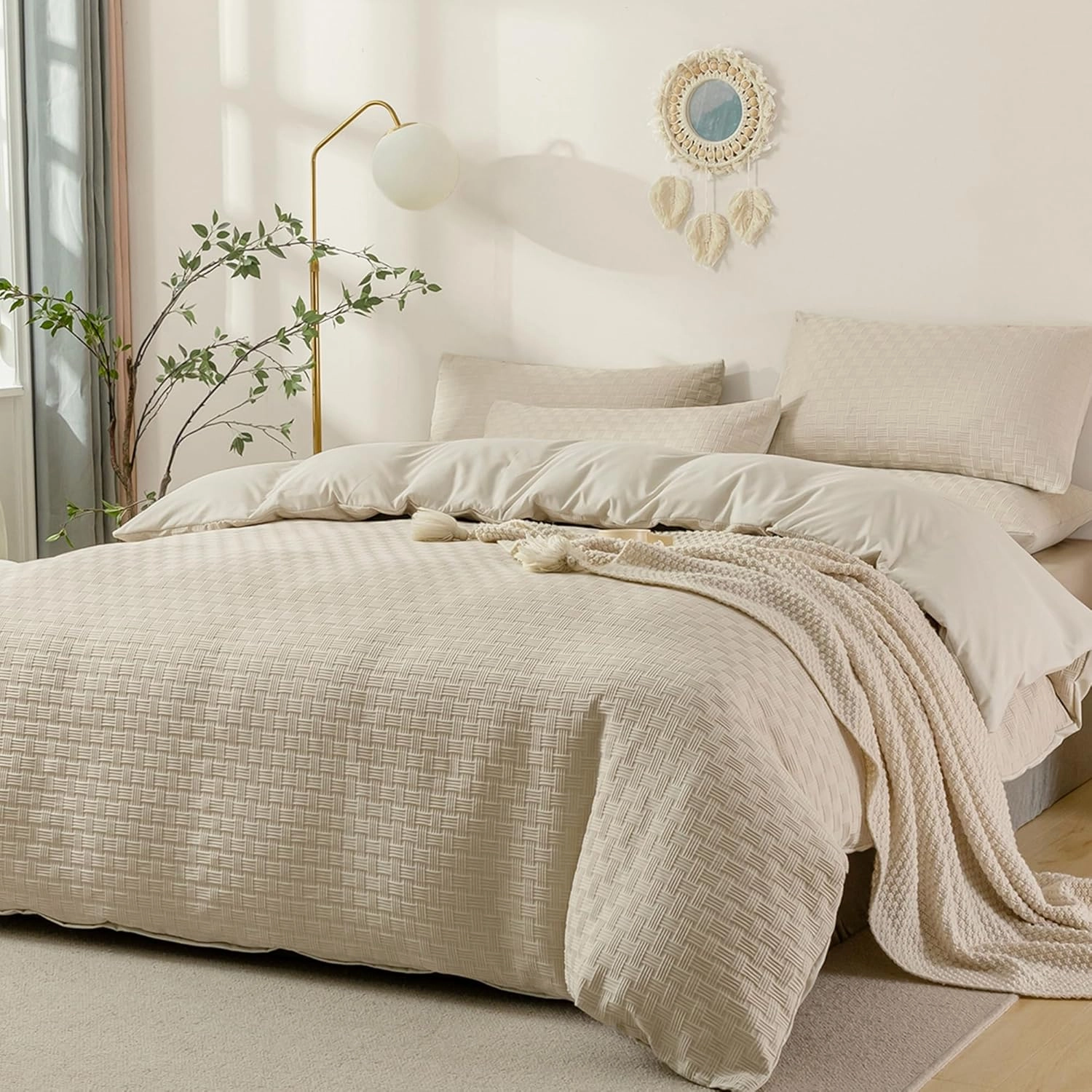 JELLYMONI Duvet Cover King Size Waffle Weave Duvet Cover Set Light Khaki 3PCS Soft Microfiber Tufted Textured Breathable Knitted Jacquard Striped Comforter Cover with Corner Ties & Zipper Closure
