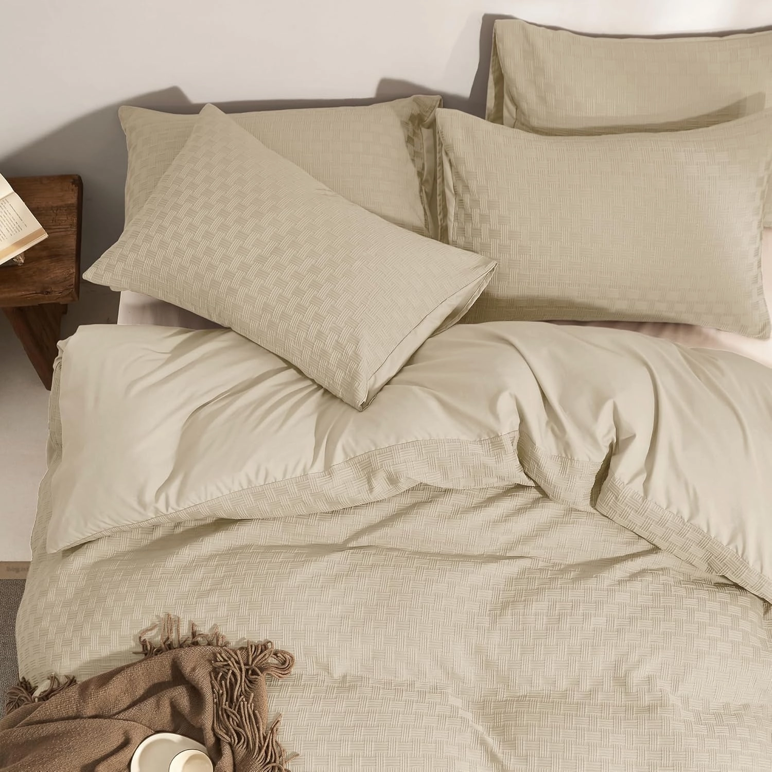 JELLYMONI Duvet Cover King Size Waffle Weave Duvet Cover Set Light Khaki 3PCS Soft Microfiber Tufted Textured Breathable Knitted Jacquard Striped Comforter Cover with Corner Ties & Zipper Closure