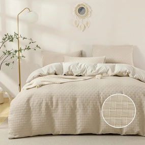 JELLYMONI Duvet Cover King Size Waffle Weave Duvet Cover Set Light Khaki 3PCS Soft Microfiber Tufted Textured Breathable Knitted Jacquard Striped Comforter Cover with Corner Ties & Zipper Closure
