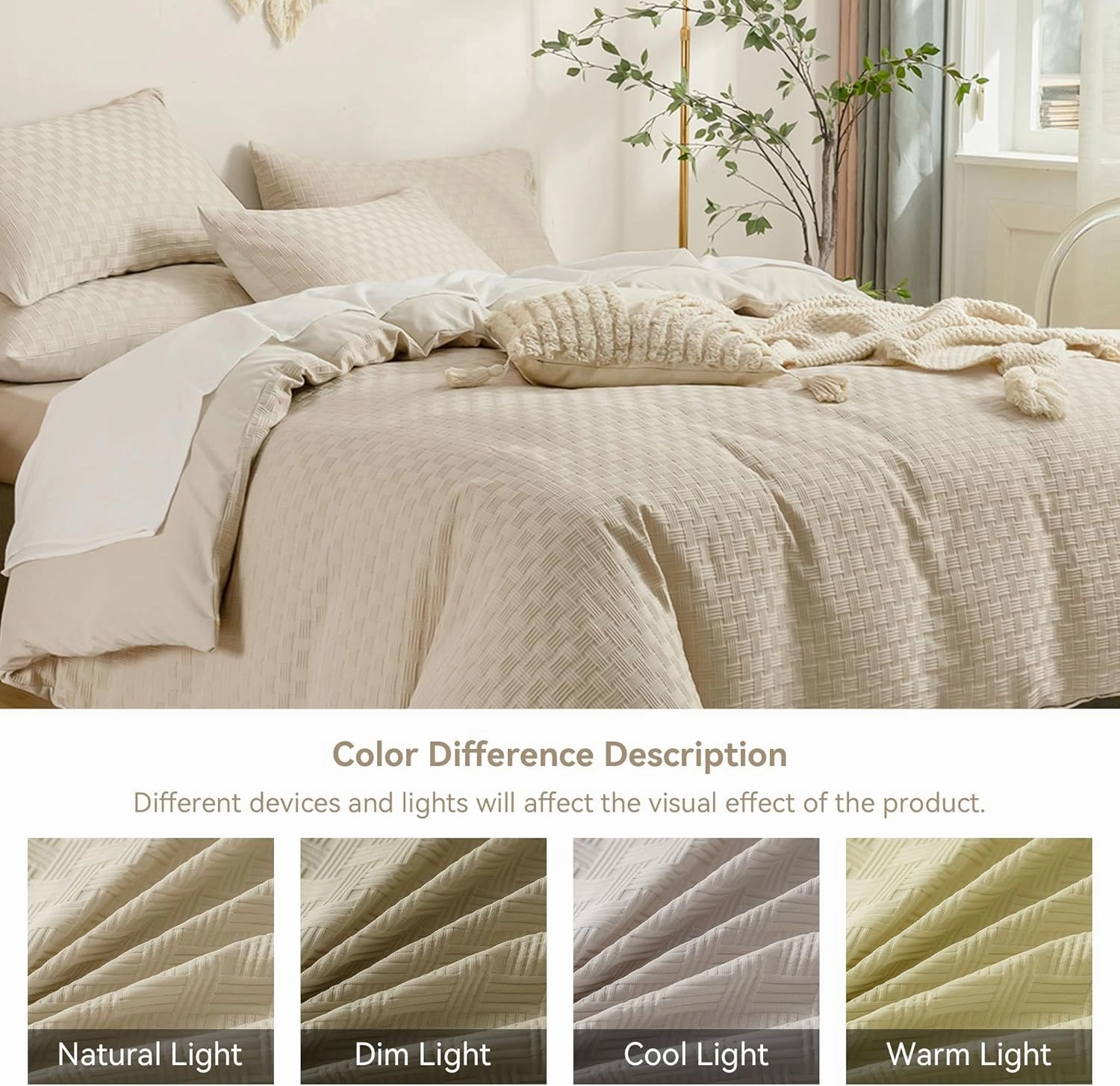 JELLYMONI Duvet Cover King Size Waffle Weave Duvet Cover Set Light Khaki 3PCS Soft Microfiber Tufted Textured Breathable Knitted Jacquard Striped Comforter Cover with Corner Ties & Zipper Closure