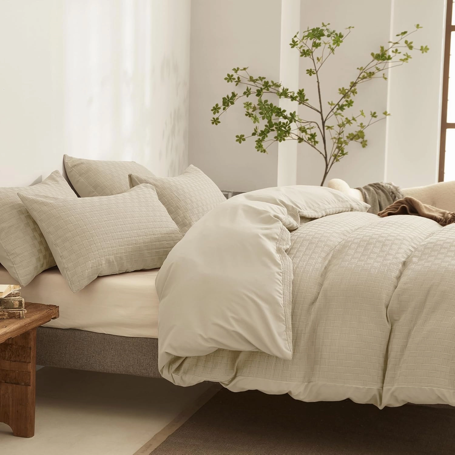 JELLYMONI Duvet Cover King Size Waffle Weave Duvet Cover Set Light Khaki 3PCS Soft Microfiber Tufted Textured Breathable Knitted Jacquard Striped Comforter Cover with Corner Ties & Zipper Closure
