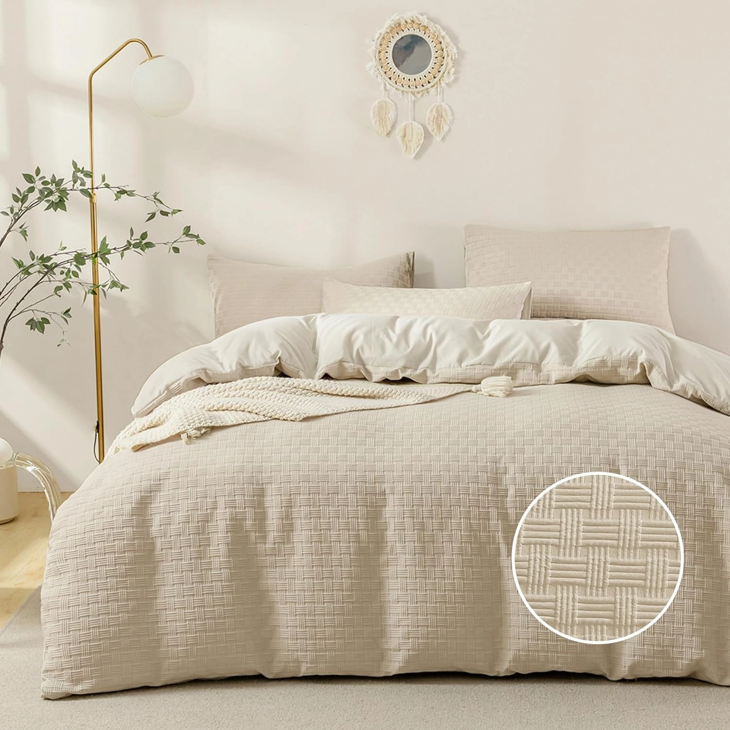 JELLYMONI Duvet Cover King Size Waffle Weave Duvet Cover Set Light Khaki 3PCS Soft Microfiber Tufted Textured Breathable Knitted Jacquard Striped Comforter Cover with Corner Ties & Zipper Closure