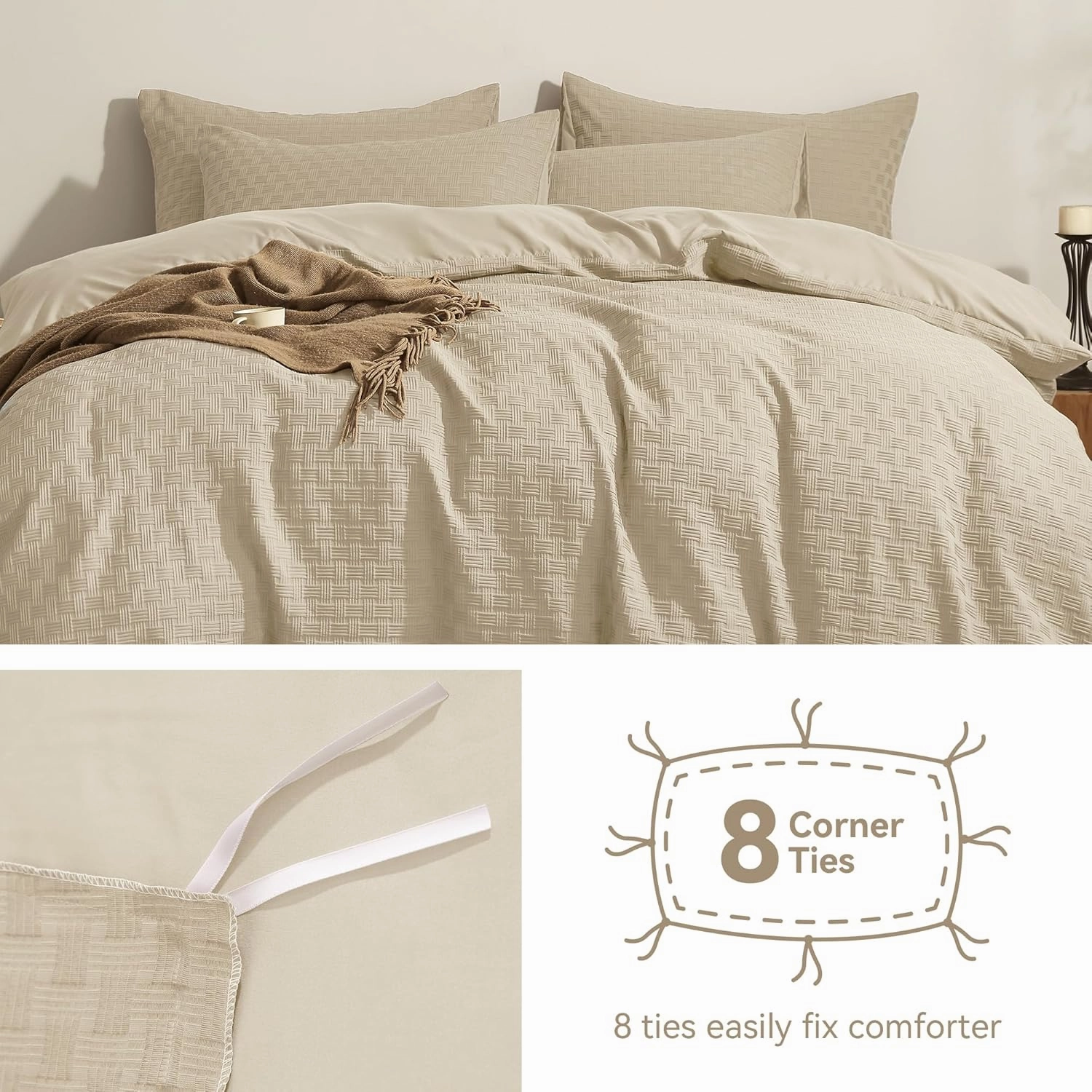 JELLYMONI Duvet Cover King Size Waffle Weave Duvet Cover Set Light Khaki 3PCS Soft Microfiber Tufted Textured Breathable Knitted Jacquard Striped Comforter Cover with Corner Ties & Zipper Closure
