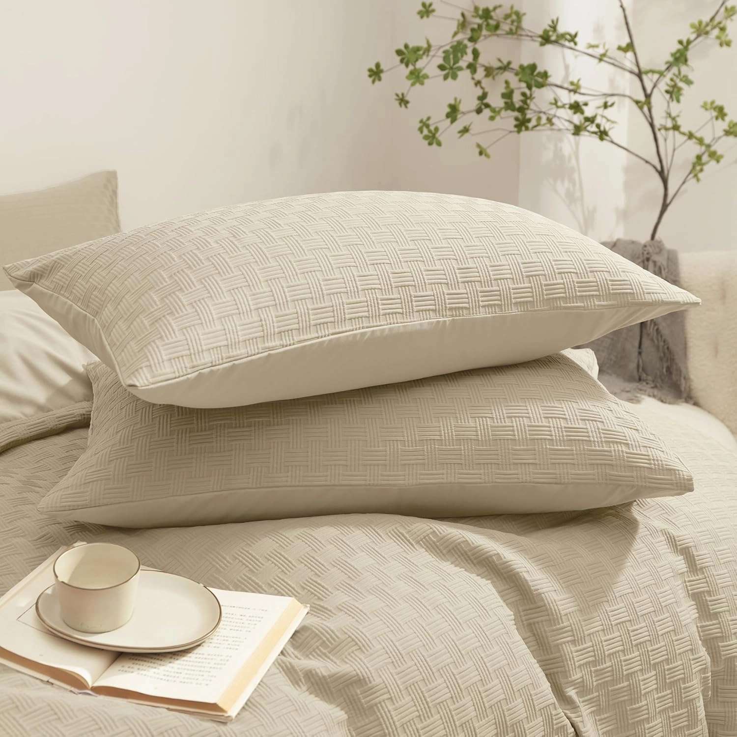 JELLYMONI Duvet Cover King Size Waffle Weave Duvet Cover Set Light Khaki 3PCS Soft Microfiber Tufted Textured Breathable Knitted Jacquard Striped Comforter Cover with Corner Ties & Zipper Closure