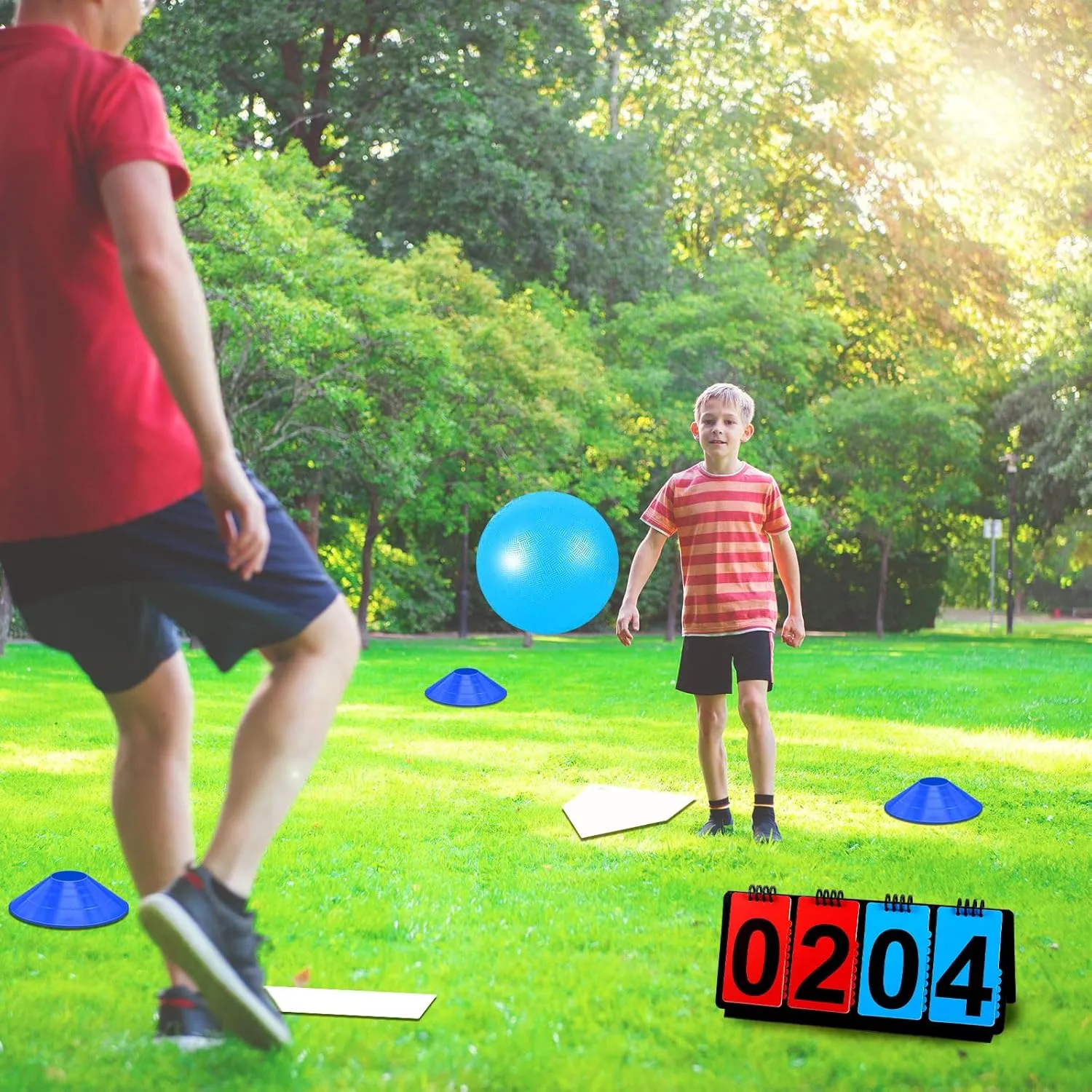 Jenaai 18 Pcs Sports Kickball Set Includes Playground Ball 5 Rubber Throw Down Bases Ball Pump Scoreboard Net Bag 10 Foul Line Cones for Adults Playground Backyard Game(10 Inch,Blue)