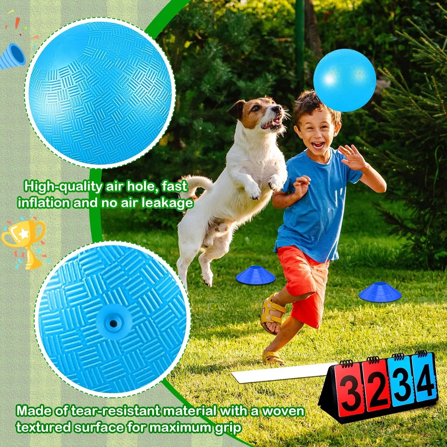 Jenaai 18 Pcs Sports Kickball Set Includes Playground Ball 5 Rubber Throw Down Bases Ball Pump Scoreboard Net Bag 10 Foul Line Cones for Adults Playground Backyard Game(10 Inch,Blue)