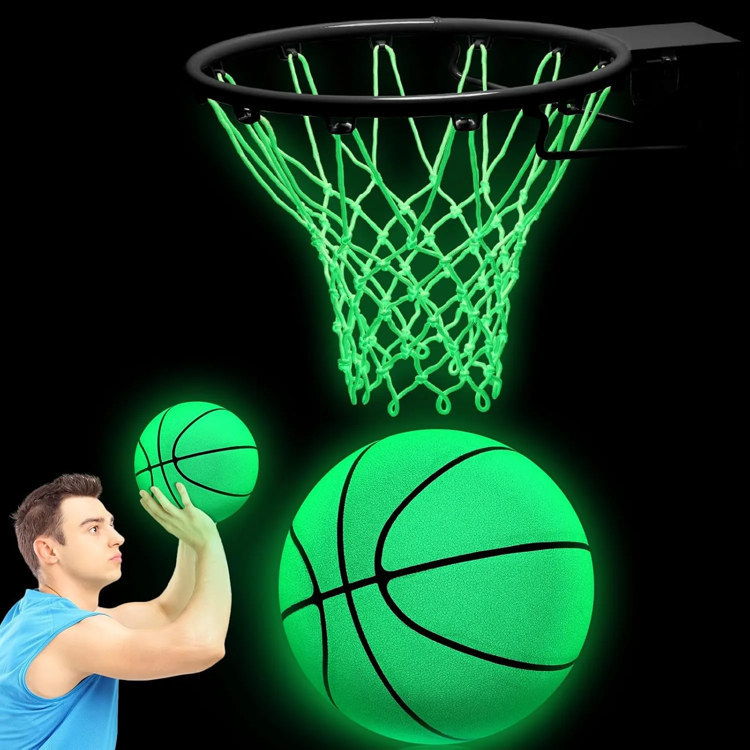 Jenaai 3 Pcs Glow Basketball Set, Includes Size 7 Glowing Basketball Light up Nightlight Net with Pump for Hoop Luminous Sports Gift for Kids Adults Night Basketball Game Back to School