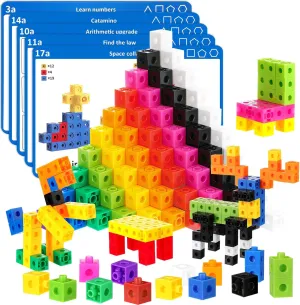Jenaai 500 Pcs Math Learning Cubes with 18 Pcs Stem Cards Link Cubes Plastic Counting Blocks Manipulatives Classroom Learning Supplies for Kids Classroom Activities(Stylish)
