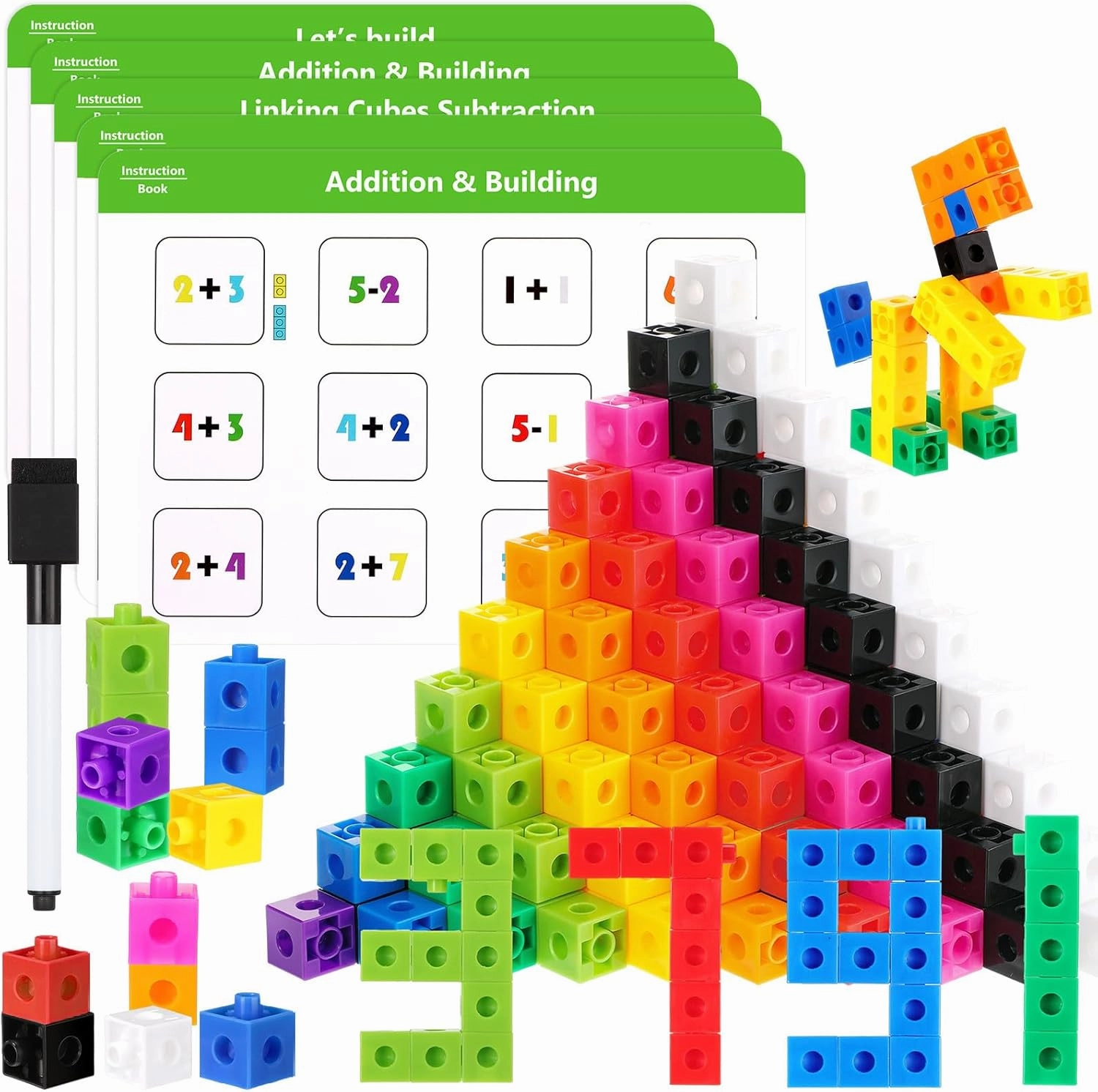Jenaai 500 Pcs Math Learning Cubes with 18 Pcs Stem Cards Link Cubes Plastic Counting Blocks Manipulatives Classroom Learning Supplies for Kids Classroom Activities(Classic)