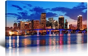 JiazuGo Large Wall Art for Office Miami Beach Skyline Night View City,Blue Modern Cityscape Canvas Wall Decor 20" X 40" Prints for Bedroom Living Room Home Decoration,Ready to Hang