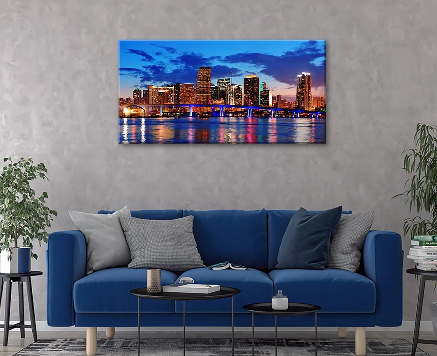 JiazuGo Large Wall Art for Office Miami Beach Skyline Night View City,Blue Modern Cityscape Canvas Wall Decor 20" X 40" Prints for Bedroom Living Room Home Decoration,Ready to Hang