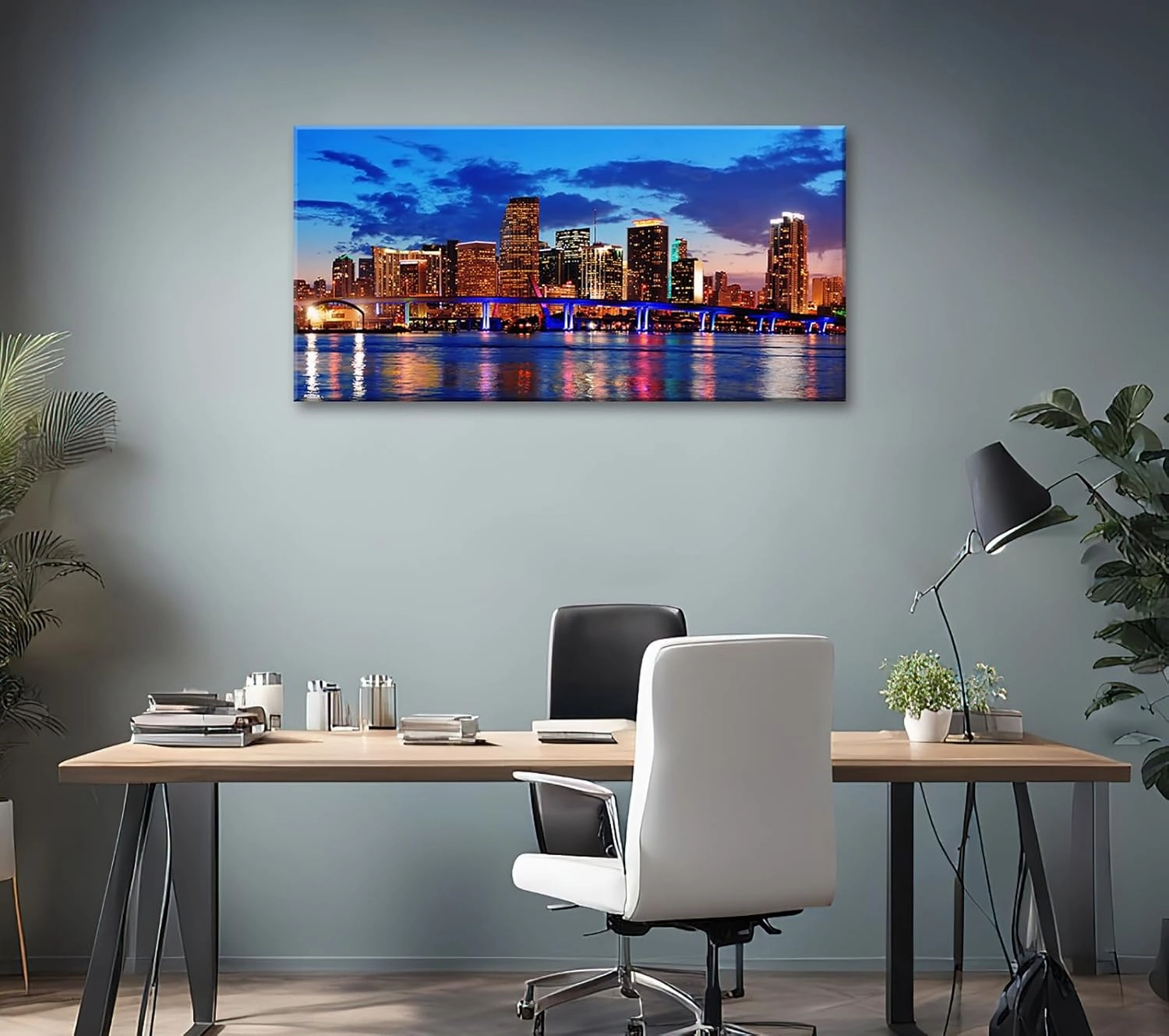 JiazuGo Large Wall Art for Office Miami Beach Skyline Night View City,Blue Modern Cityscape Canvas Wall Decor 20" X 40" Prints for Bedroom Living Room Home Decoration,Ready to Hang