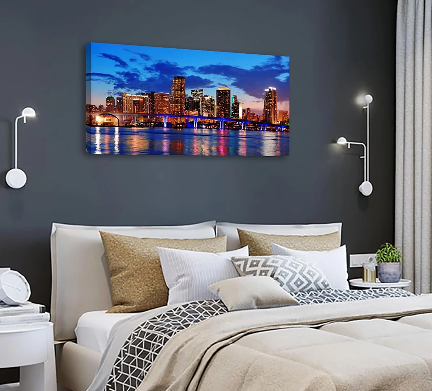 JiazuGo Large Wall Art for Office Miami Beach Skyline Night View City,Blue Modern Cityscape Canvas Wall Decor 20" X 40" Prints for Bedroom Living Room Home Decoration,Ready to Hang