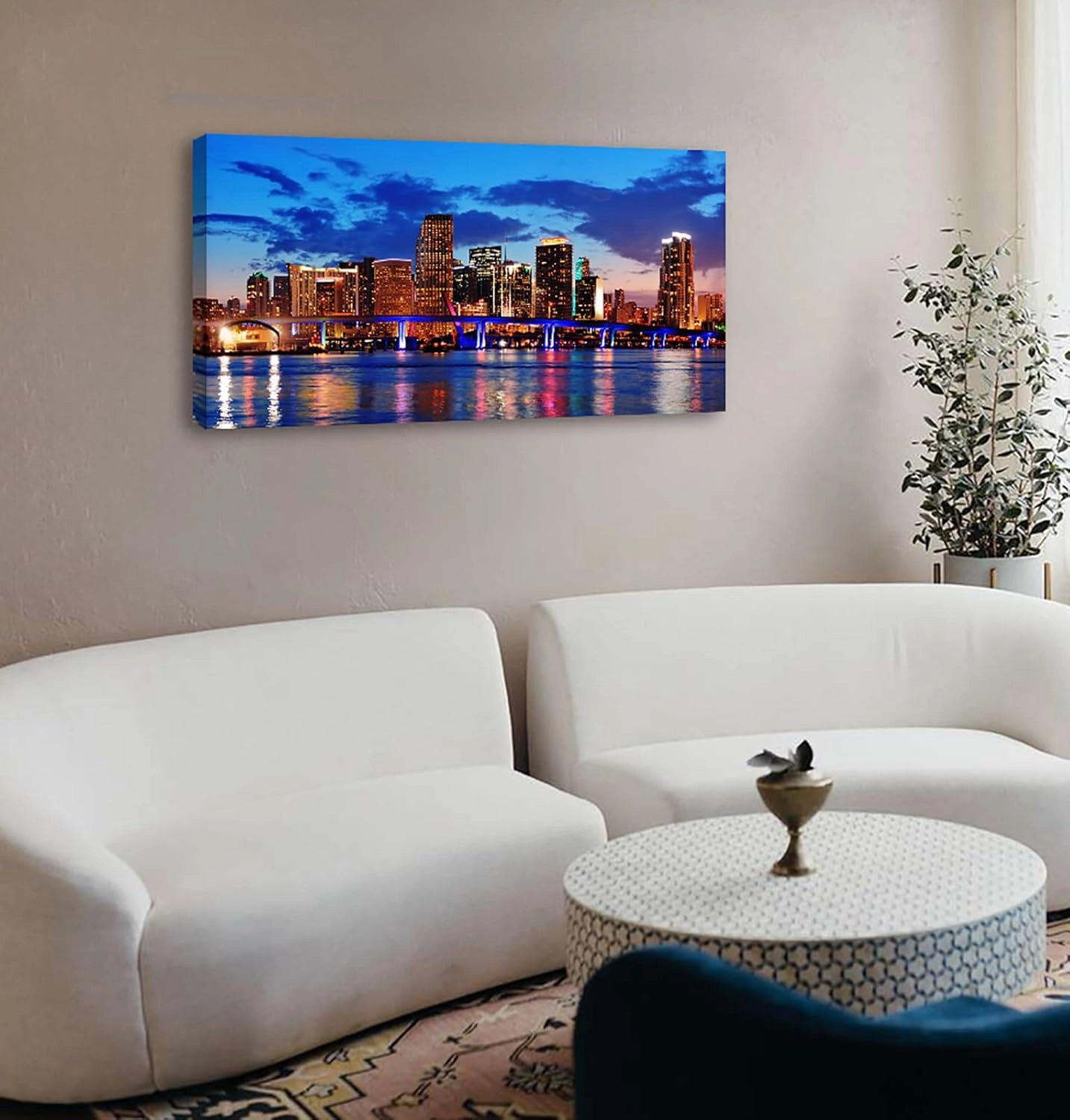 JiazuGo Large Wall Art for Office Miami Beach Skyline Night View City,Blue Modern Cityscape Canvas Wall Decor 20" X 40" Prints for Bedroom Living Room Home Decoration,Ready to Hang