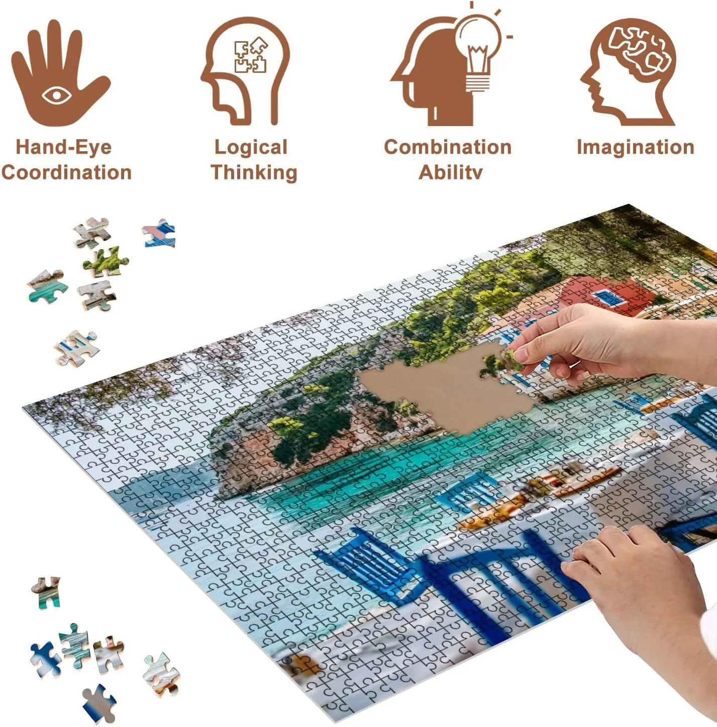 Jigsaw Puzzles 1000 Pieces for Adult Table Greek Tavern Assos Fishing Village Kefalonia Island Greece Puzzle Game for Family Wooden Puzzle Toy Educational Games Puzzles for Home Decor