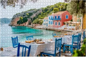 Jigsaw Puzzles 1000 Pieces for Adult Table Greek Tavern Assos Fishing Village Kefalonia Island Greece Puzzle Game for Family Wooden Puzzle Toy Educational Games Puzzles for Home Decor