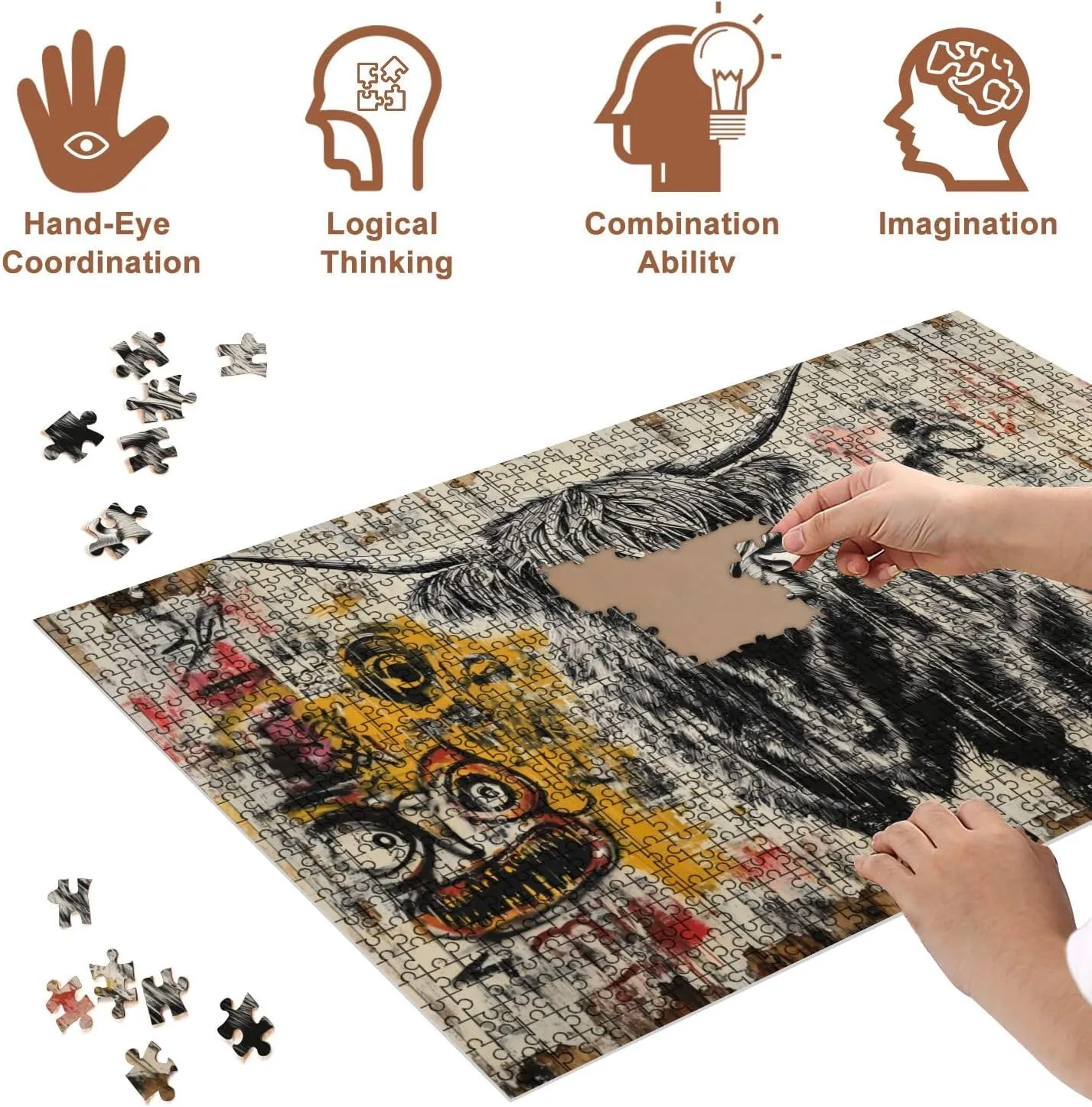Jigsaw Puzzles 500 Pieces for Adult Black White Highland Cow Art Graffiti Weathered Wood Puzzle Game for Family Wooden Puzzle Toy Educational Games Puzzles for Home Decor