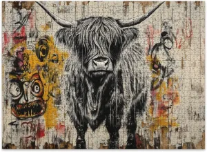 Jigsaw Puzzles 500 Pieces for Adult Black White Highland Cow Art Graffiti Weathered Wood Puzzle Game for Family Wooden Puzzle Toy Educational Games Puzzles for Home Decor