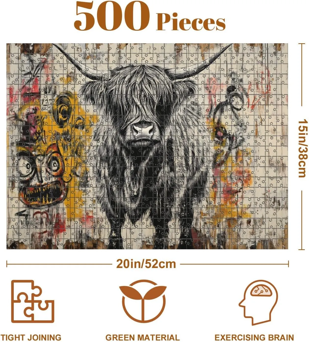 Jigsaw Puzzles 500 Pieces for Adult Black White Highland Cow Art Graffiti Weathered Wood Puzzle Game for Family Wooden Puzzle Toy Educational Games Puzzles for Home Decor