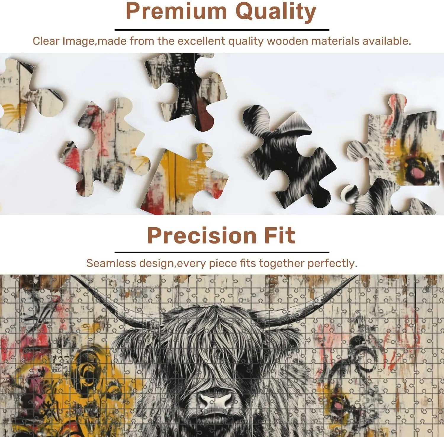 Jigsaw Puzzles 500 Pieces for Adult Black White Highland Cow Art Graffiti Weathered Wood Puzzle Game for Family Wooden Puzzle Toy Educational Games Puzzles for Home Decor