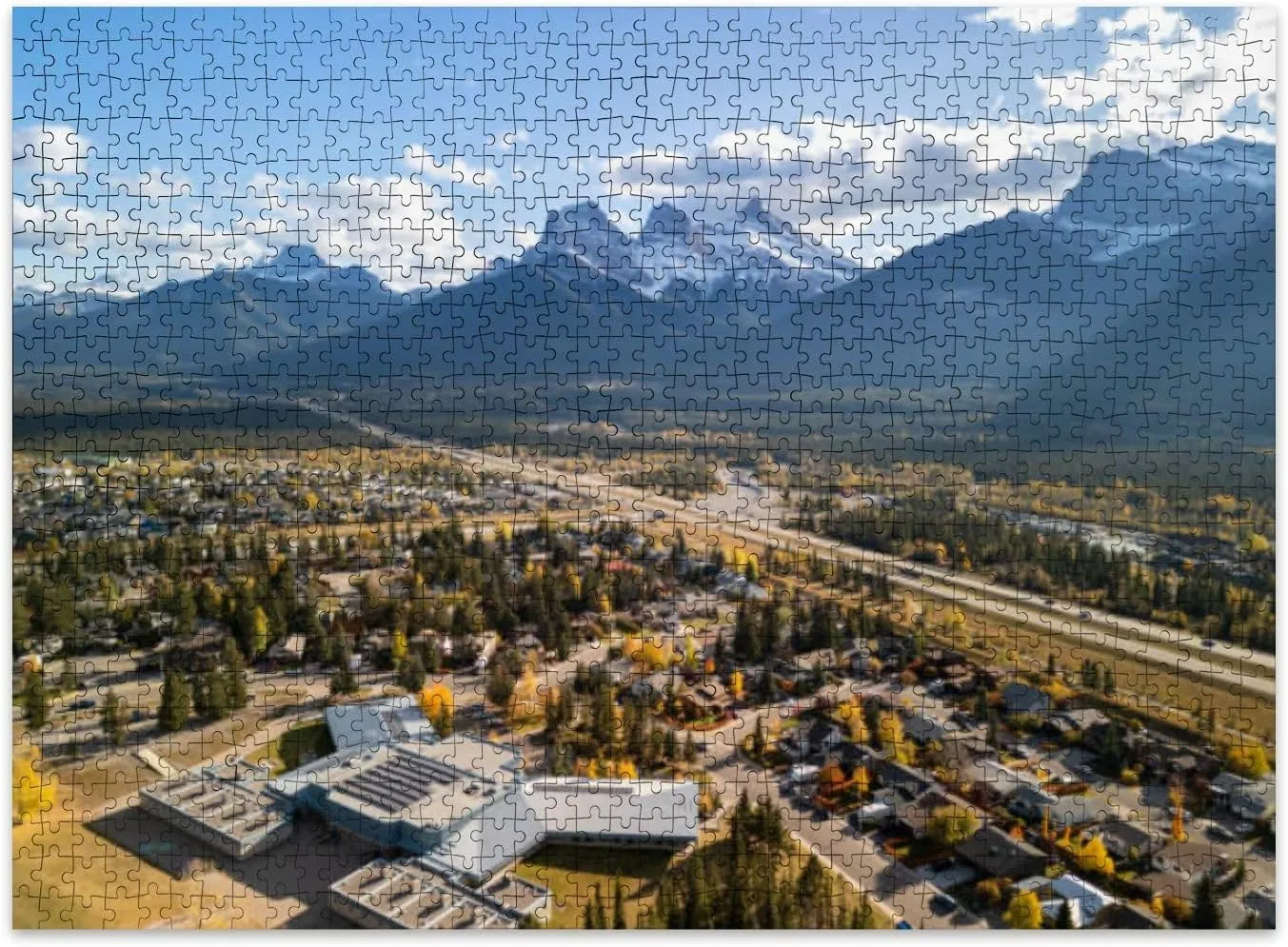 Jigsaw Puzzles 500 Pieces for Adult Canmore Alberta Canada Aerial View Trans Canada Highway Highway Autumn Puzzle Game for Family Wooden Puzzle Toy Educational Games Puzzles for Home Decor